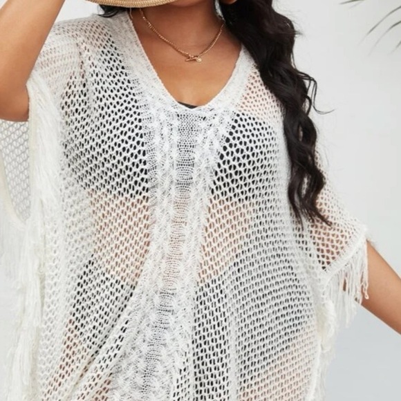 Breezy Knit Fringe Trim Poncho Swimsuit Coverup - Picture 4 of 10